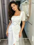 hort Sleeve A Line Satin Tulle Wedding Dress With Slit