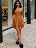 Green Wrap Layer Ruffle Short Sleeve Off Shoulder Mini Dress