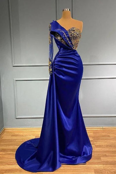Long Sleeves Royal Blue One Shoulder Satin Mermaid Prom Dress