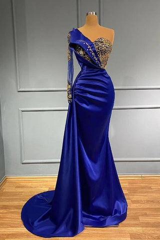 Long Sleeves Royal Blue One Shoulder Satin Mermaid Prom Dress