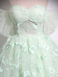 Green Sweetheart Flower Tulle Lace A Line Prom Dress