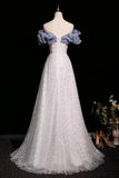 Shiny Tulle Sequin A Line Gray Evening Prom Dress
