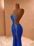 Crystal Royal Blue One Shoulder Ruched Tulle Prom Dress