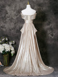 A-Line Off Shoulder Champagne Satin Prom Dress
