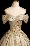 Elegant Gold Off the Shoulder Ball Gown Beading Prom Dress