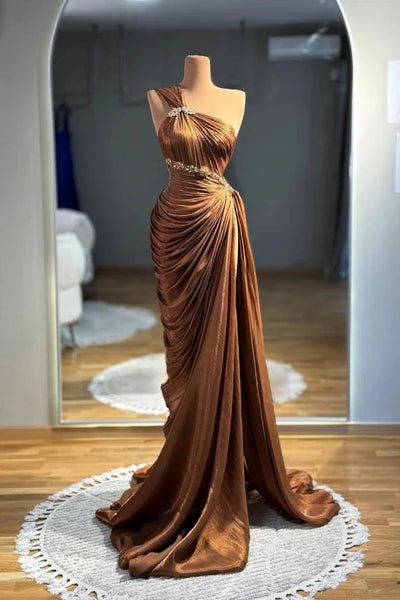 Draped Beading Satin Bronze Brown One Shoulder Prom Drss