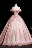 Pink Satin A Line Ruffles Off The Shoulder Prom Dress