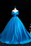 Ruffled Blue Satin Off The Shoulder Ball Gown Prom Dress