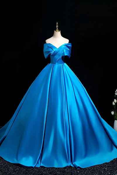 Ruffled Blue Satin Off The Shoulder Ball Gown Prom Dress