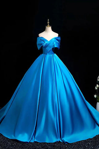 Ruffled Blue Satin Off The Shoulder Ball Gown Prom Dress
