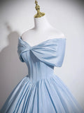 Off The Shoulder Satin Blue Corset A Line Prom Dress