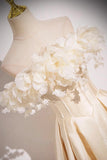 Champagne Satin Flowers Off the Shoulder A Line Prom Dress