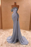 Crystal Royal Blue One Shoulder Ruched Tulle Prom Dress