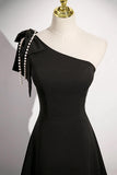Black A Line One Shoulder Pearls Prom Dress