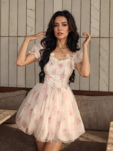 Bow Rose-Printed Mini Summer Dress