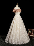 Off Shoulder Tulle Floral Champagne A Line  Prom Dress