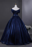 Navy Satin Beading Off the Shoulder A Line Prom Dress