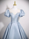 A Line Puff Sleeves Satin Blue Beading Prom Dress