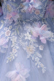 Short Sleeve Blue Tulle Sequins Flower Prom Dress