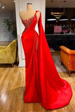 Trumpet Mermaid Beading Red One Shoulder Satin Prom Dress With Slit