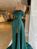 Crystal Emerald Green One Shoulder Satin Prom Dress with Slit