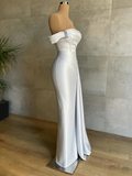 Draped Train Ivory Off The Shoulder Satin Mermaid Prom Dress