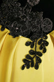 Yellow Satin Black Lace A Line Off the Shoulder Prom Dress