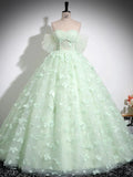 Green Sweetheart Flower Tulle Lace A Line Prom Dress