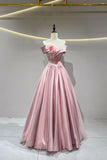 Pink Tulle A Line Off the Shoulder Flower Prom Dress