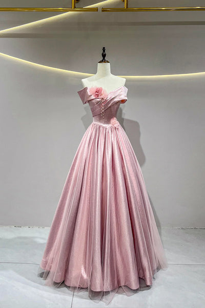 Pink Tulle A Line Off the Shoulder Flower Prom Dress