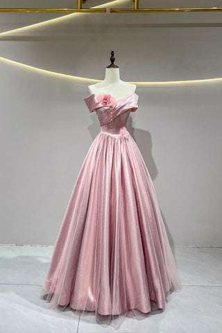 Pink Tulle A Line Off the Shoulder Flower Prom Dress