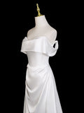 A Line Off Shoulder Satin White Ruched Prom Dress