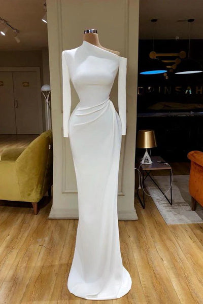Draped Waist White One-Shoulder Long Sleeve Prom Dress