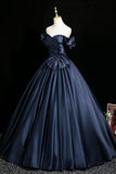 Navy Blue Satin Off Shoulder Ball Gown Bow Prom Dress