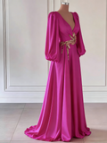 Gold Embellished Bishop Sleeves Fuchsia Pink V Neck Prom Dress