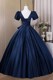 Navy Blue Satin Short Sleeve A Line Prom Dress