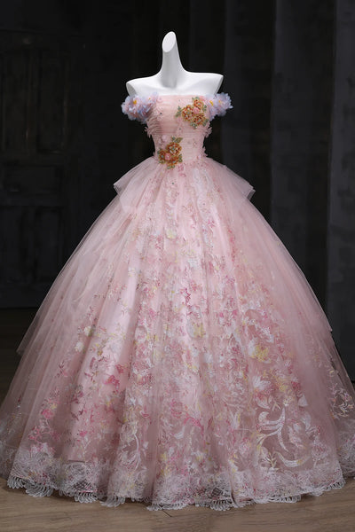 A Line Tulle Lace Floral Sweetheart Prom Dress