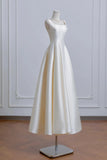 White Satin Tea Length Boat A Line Prom Dress