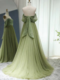 A Line Off Shoulder Tulle Sequin Green Prom Dress