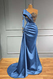 Long Sleeves Royal Blue One Shoulder Satin Mermaid Prom Dress