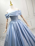 A-line Off Shoulder Satin Blue Ruched Prom Dress