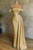 Draped Train Ivory Off The Shoulder Satin Mermaid Prom Dress