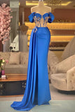 Draped Royal Blue Satin Off The Shoulder Mermaid Prom Dress