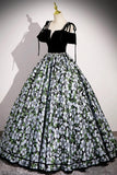 Black Velvet Floral Pattern A Line Prom Dress