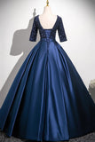 Navy Satin Sequins V Neck Half Sleeve Prom Dress
