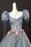 Gray Tulle Flowers A Line Short Sleeve Corset Prom Dress