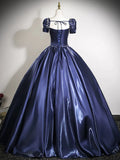 A-Line Puff Sleeves Dark Blue Satin Prom Dress