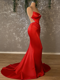 Crystal Vibrant Red One Shoulder Satin Mermaid Prom Dress