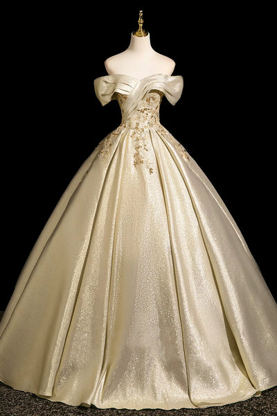 Elegant Gold Off the Shoulder Ball Gown Beading Prom Dress