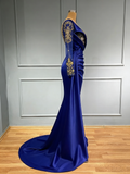 Long Sleeves Royal Blue One Shoulder Satin Mermaid Prom Dress